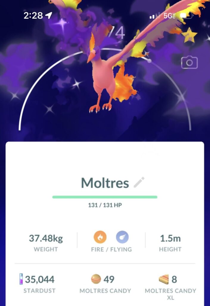 After 50 attempts, I FINALLY got a shiny Moltres 😍 (And it’s a shadow!)