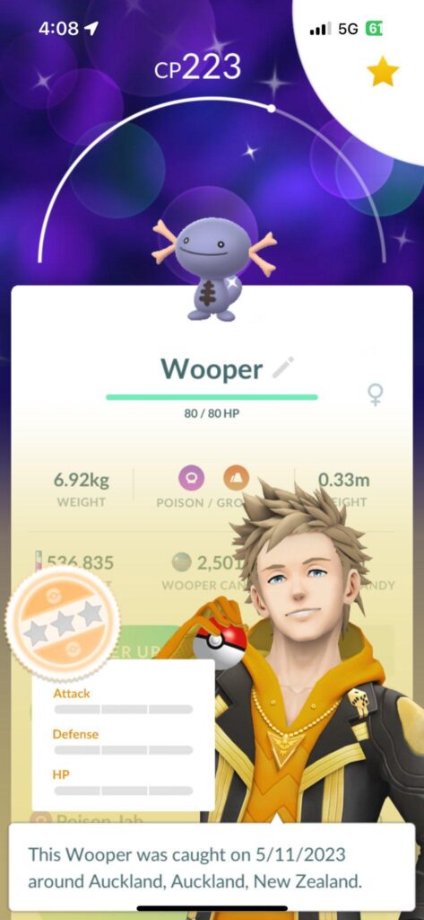My girlfriend got (potentially) the worlds first 0IV shiny paldean wooper, New Zealand community day