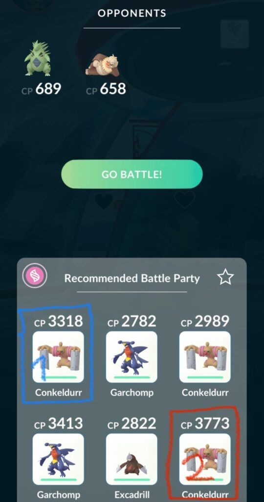 Why does the game always recommend me to use Conkeldurr nr.1 over Conkeldurr nr.2 when fighting gyms?