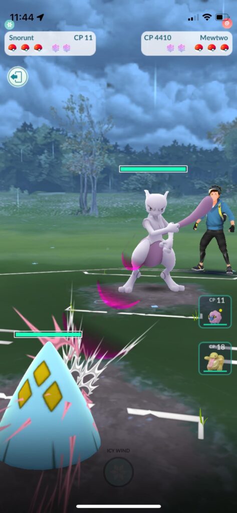 My shiny shivering Snorunt in the face of the mighty Mewtwo is bringing me joy this holiday season.