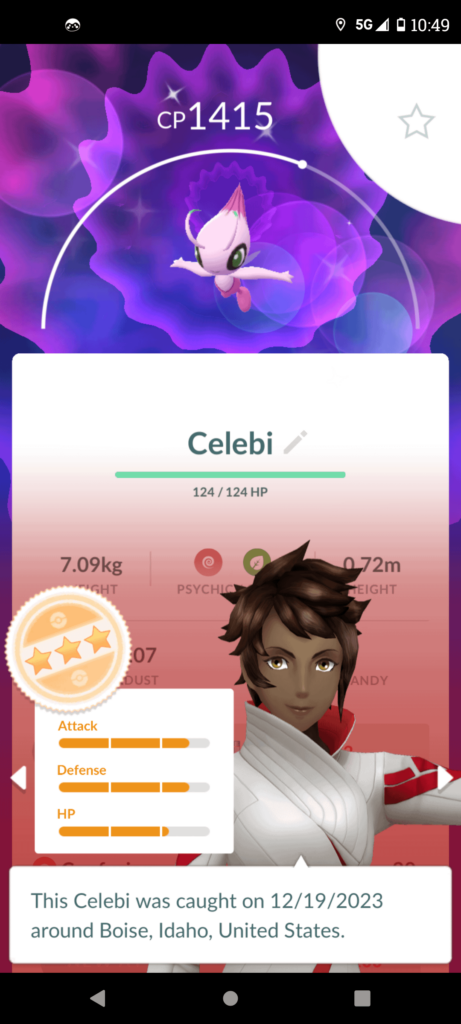 Shiny celebi, from a pokemon go quest encounter, didnt know it was legendary