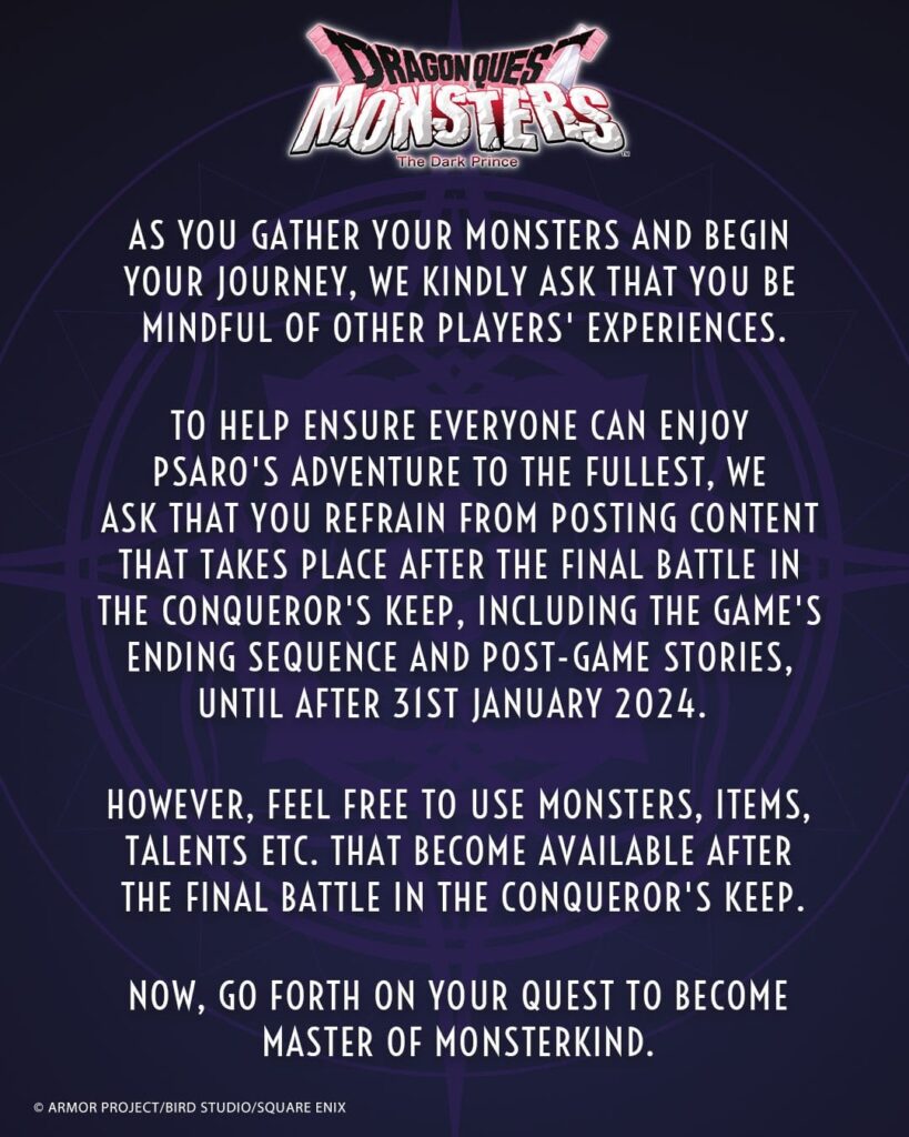 A message from the Dragon Quest Monster The Dark Prince team regarding the game release