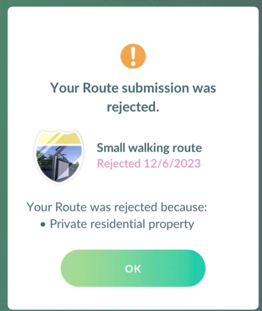 Route got rejected after already been published for two weeks