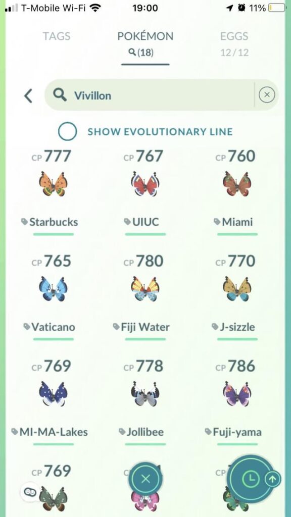127 Scatterbugs and 1178.5 km of buddy walking later… I have one fully evolved Vivillon from each region!