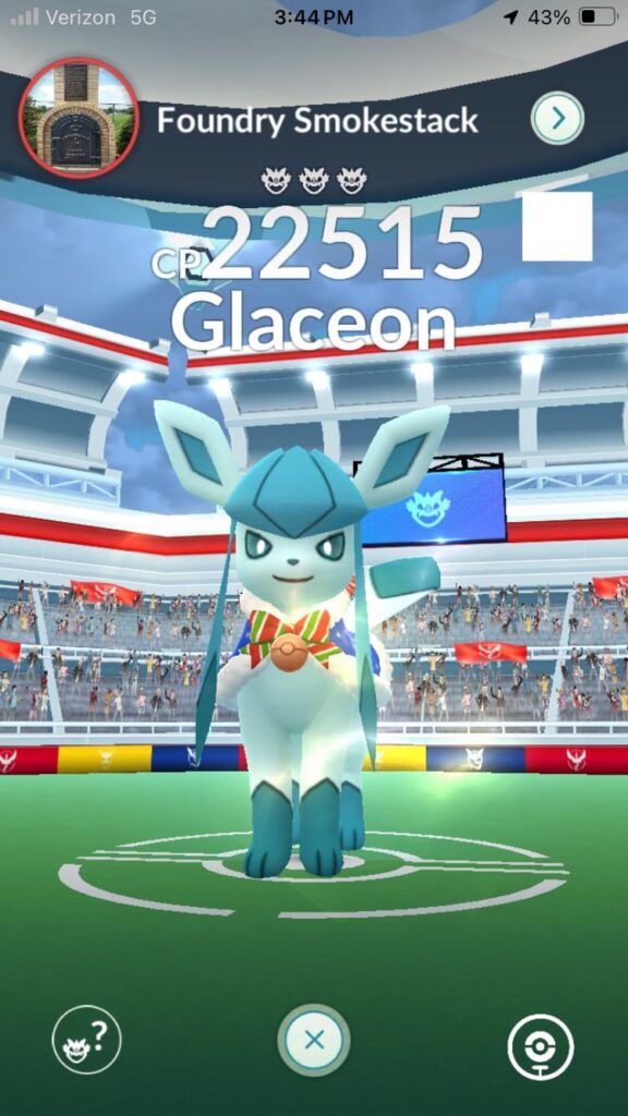 I would absolutely love to be able to get the glaceon that has the cute outfit because none of my pokemon are strong enough, and I ain’t got no friends, and there’s nothing near me, so random people can’t play
