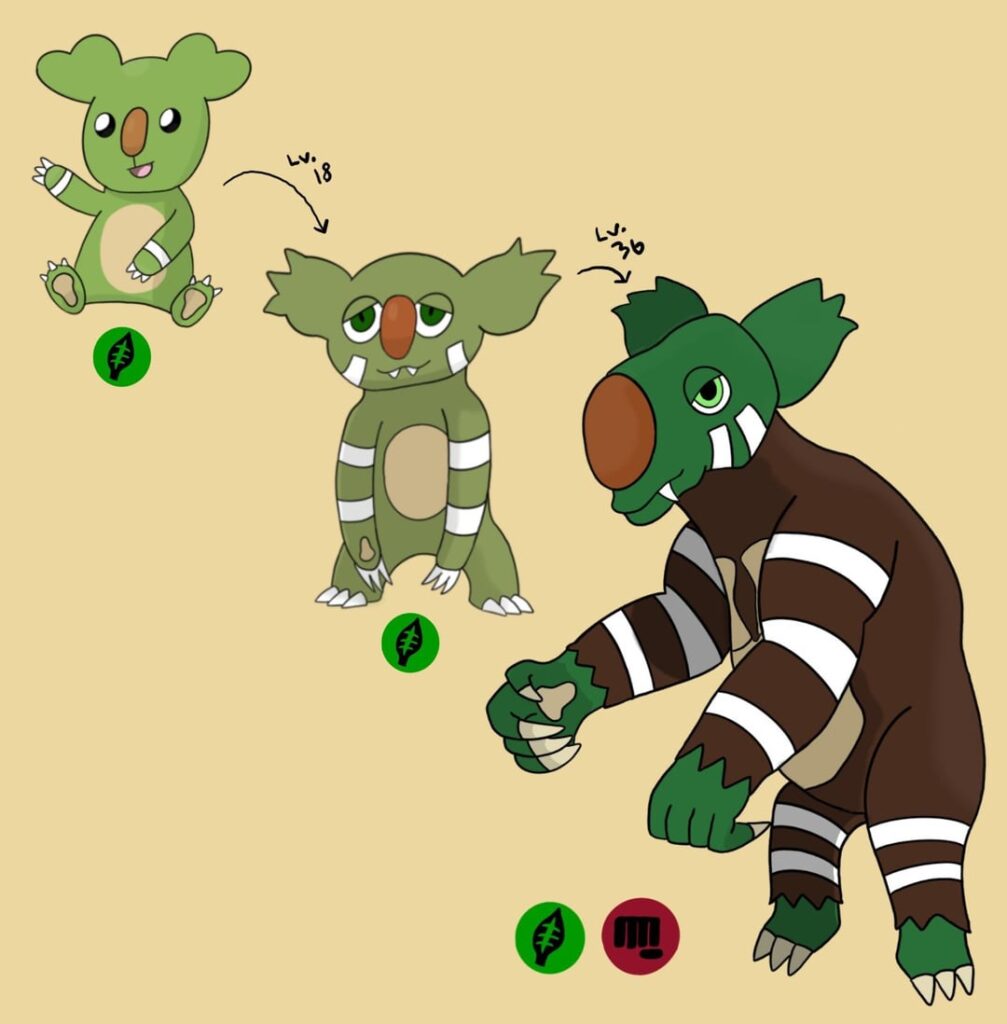 I’ve been inspired to finally unveil my fan region here! So meet the Grass Starter line, Eucuwala, Mossupial and Kobrawla
