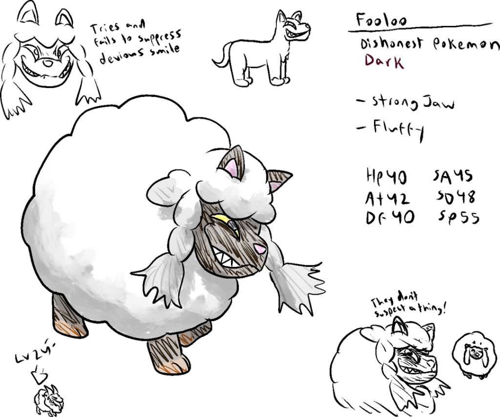 Convergent Wooloo based off of a wolf in sheep's clothes, and a very strange convergent pseudo legend for my region. Tell me what you think.