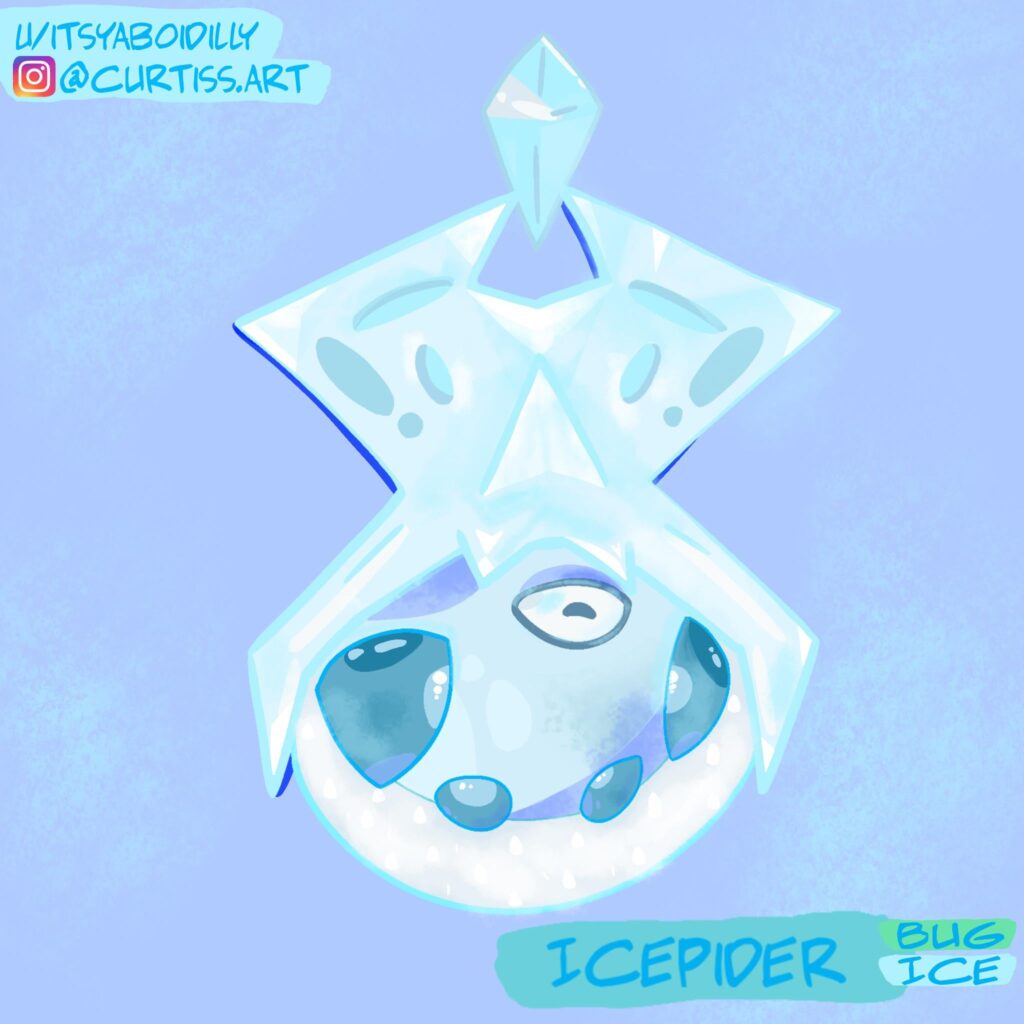 Meet Icepider, the snow-spider pokémon. Icepider is a bug/ice type and is a convergent species of Dewpider.