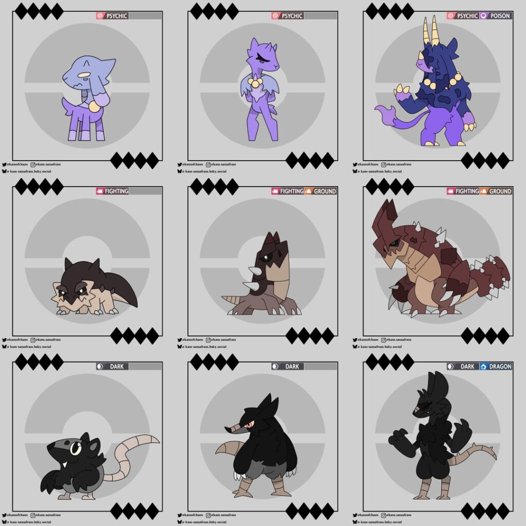 After several redesigns; all my fakemon starters are done!
