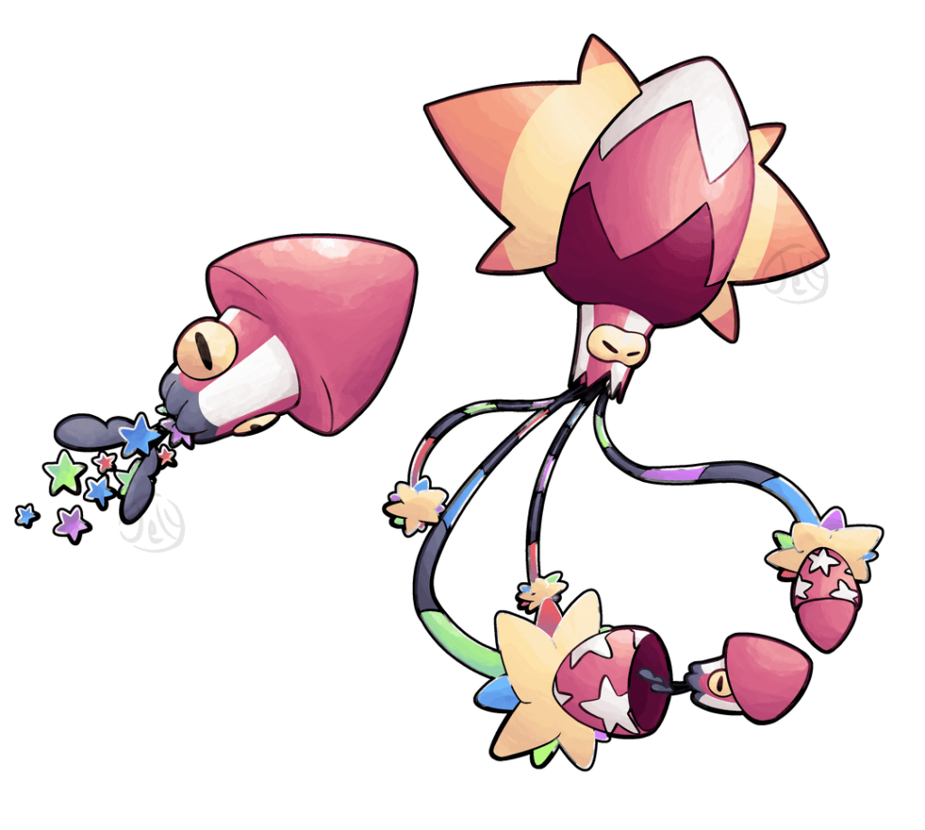 Kracklen and Krakamari, both pure Fire types! Based on Japanese flying squid and fireworks.