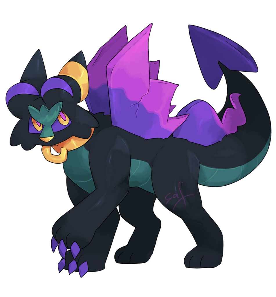 Etxelaniq [dragon/fairy], the curse pokemon (and the prevo because im too tired to render that one)