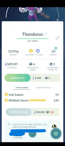 Caught a shiny thundurus from go battle league rewards