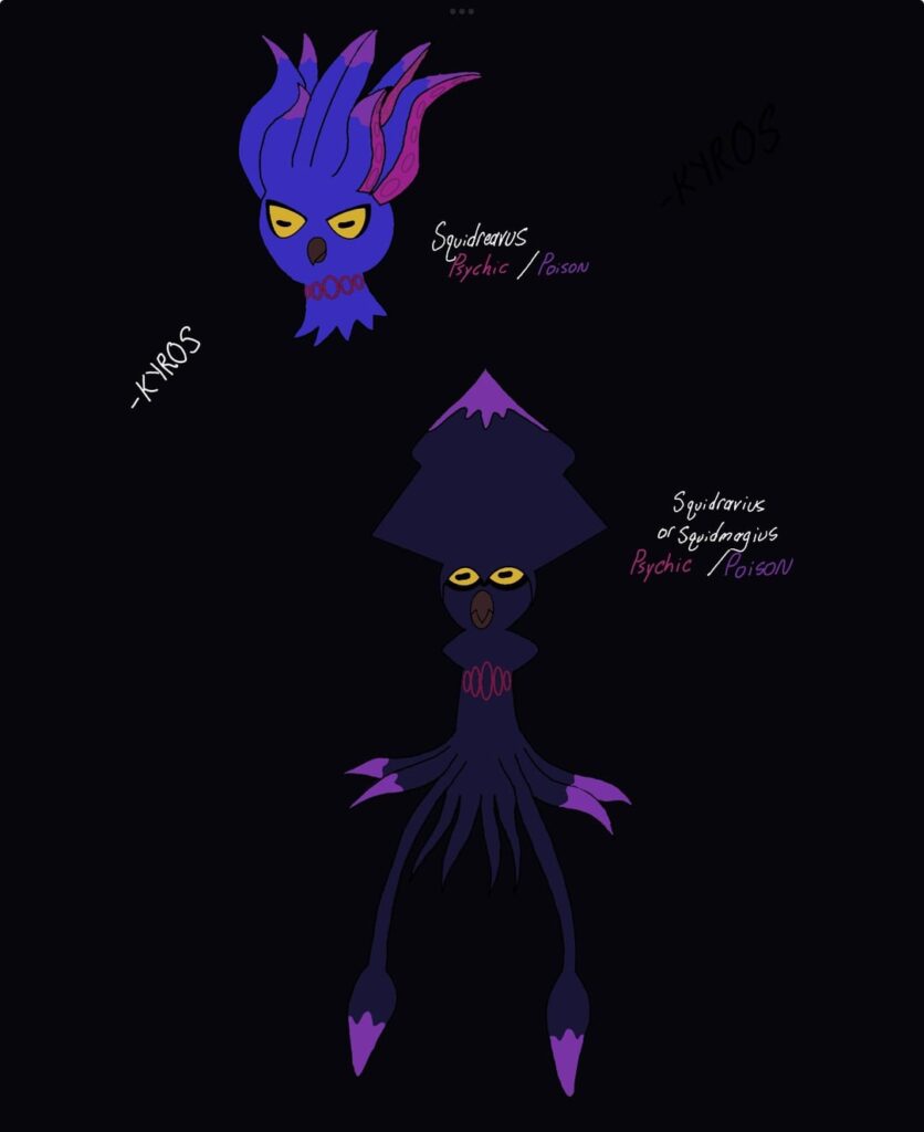 Here’s some more convergent fakemon I made! Introducing Squidreavus and Squidravius(or Squidmagius) and their shinies