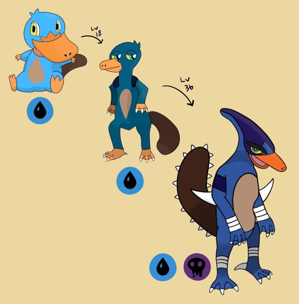 The water starter of my fakemon region. Plappypus, Monostream and Platatak