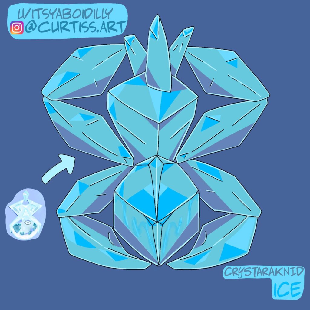 Crystaraknid: the ice-construct Pokémon. Evolved from Icepider, this creature is no longer a bug type after cocooning itself in permafrost. This Pokémon is convergent to Araquanid. (OC)
