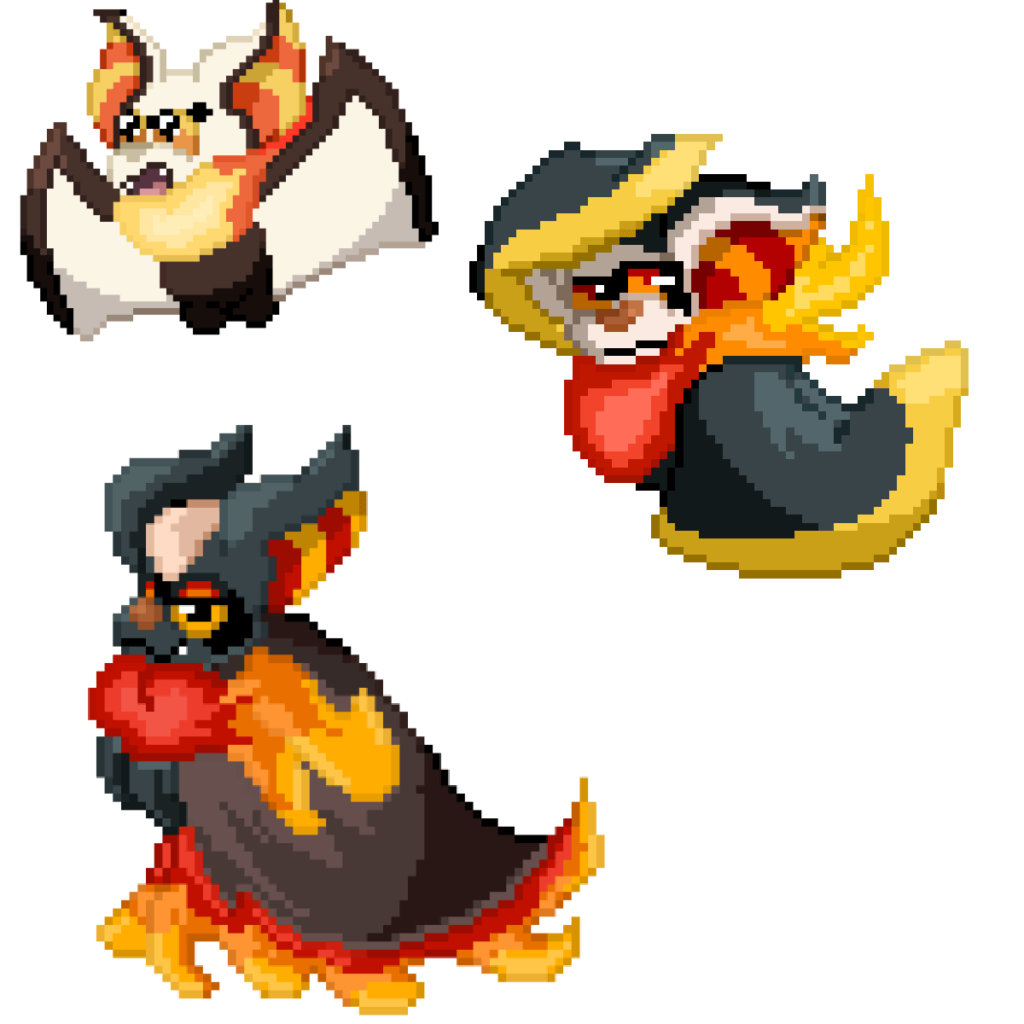 battle sprites for my fire starters: flambat, nocterno and pyronite