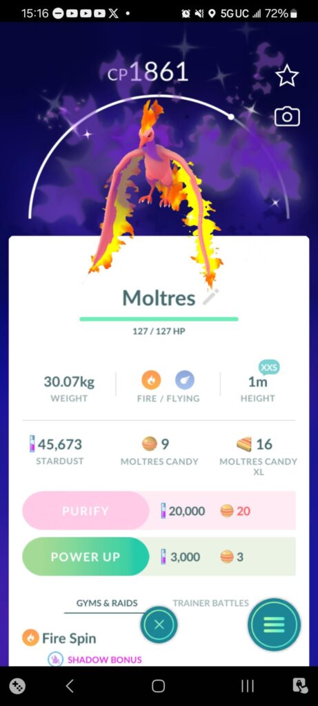 I got a tiny shiny shadow moltres!!