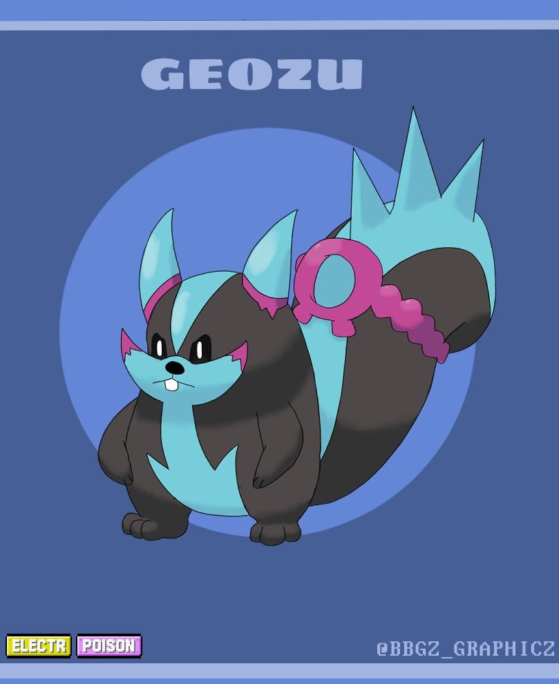 Geozu - [Electric/Poison] a Pacharisu evolution made possible through Pecharunt. Better names that match the conventions of the Loyal Three are appreciated.