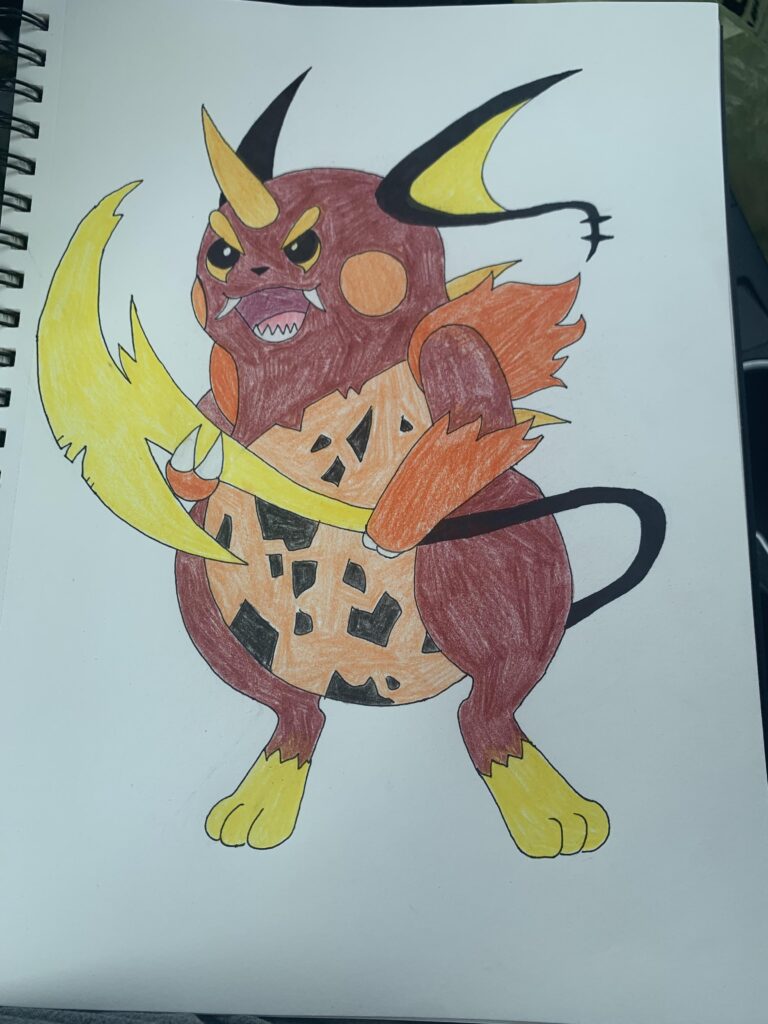 Searing Spark, an Electric/Fire Type Paradox Pokémon. Based on the fabled Gorochu concept.