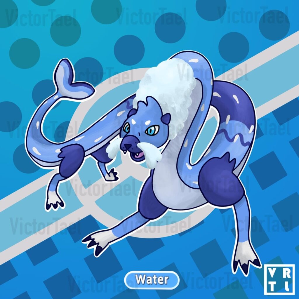 009. Lutreidón_ Water starter (Spain inspired FKMN) Swipe to see her infodex and evolution line! ➡️