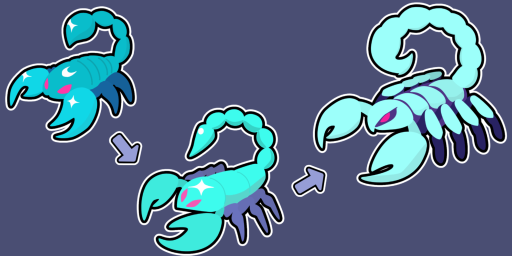 Finished my scorpion-like sticker Fakemon evolution line.
