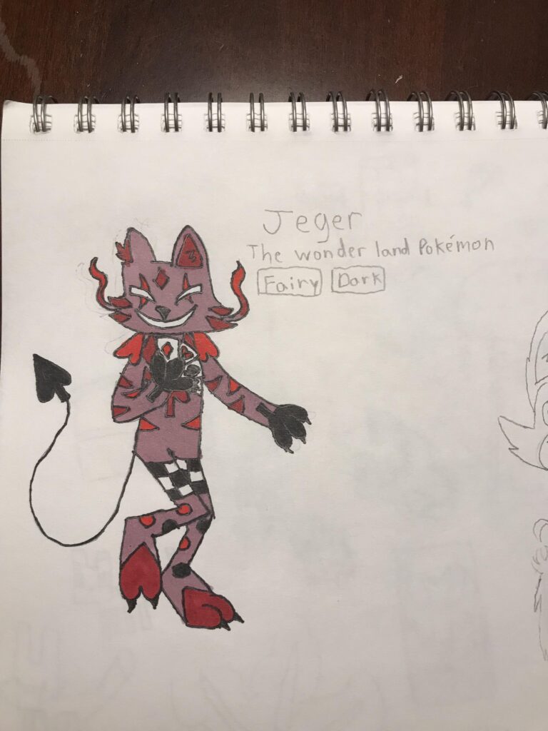 This is a fakemon I made a few months ago meet Jeger the wonder land Pokémon it’s name is a mix of jester and tiger