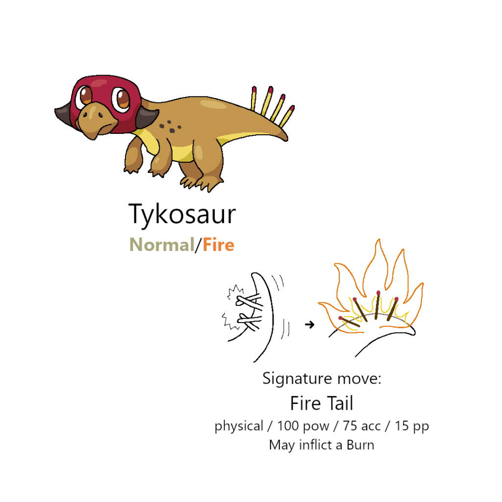 A Fossil Pokémon based on Psittacosaurus! It can spark fires by shaking its tail and striking the bristles together like matches.