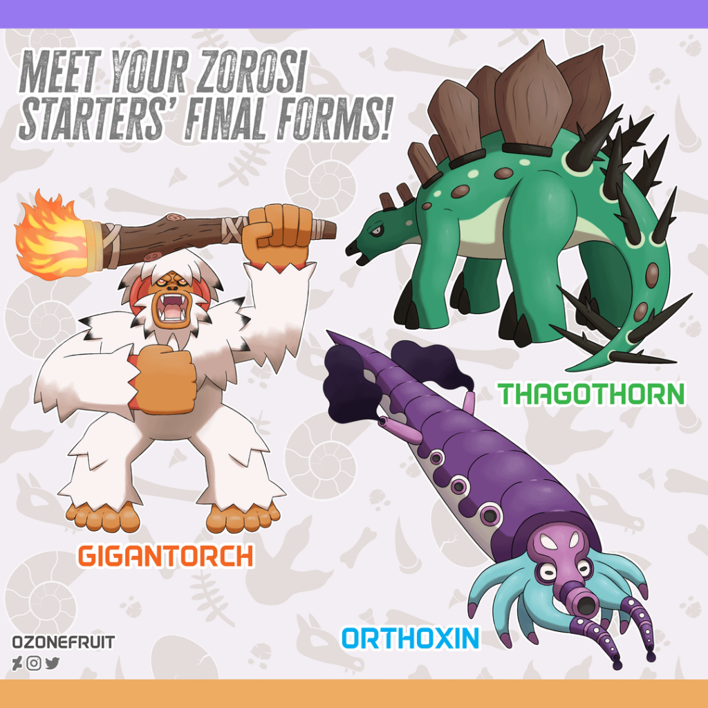 [OC] Presenting the final stages of my Fossil Region Starters! (Based on Stegosaurus, Gigantopithecus, and Orthoceras)