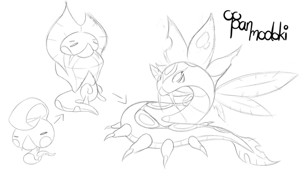 Some starter designs, Grass/Bug, Fire/Ground, and Water/Rock