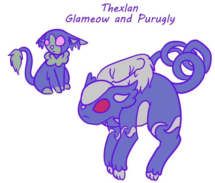 Thexlan Glameow and Purugly, which are based on the same folk tale as u/Swurlomatic 's fakemon (dex entries in the comments)