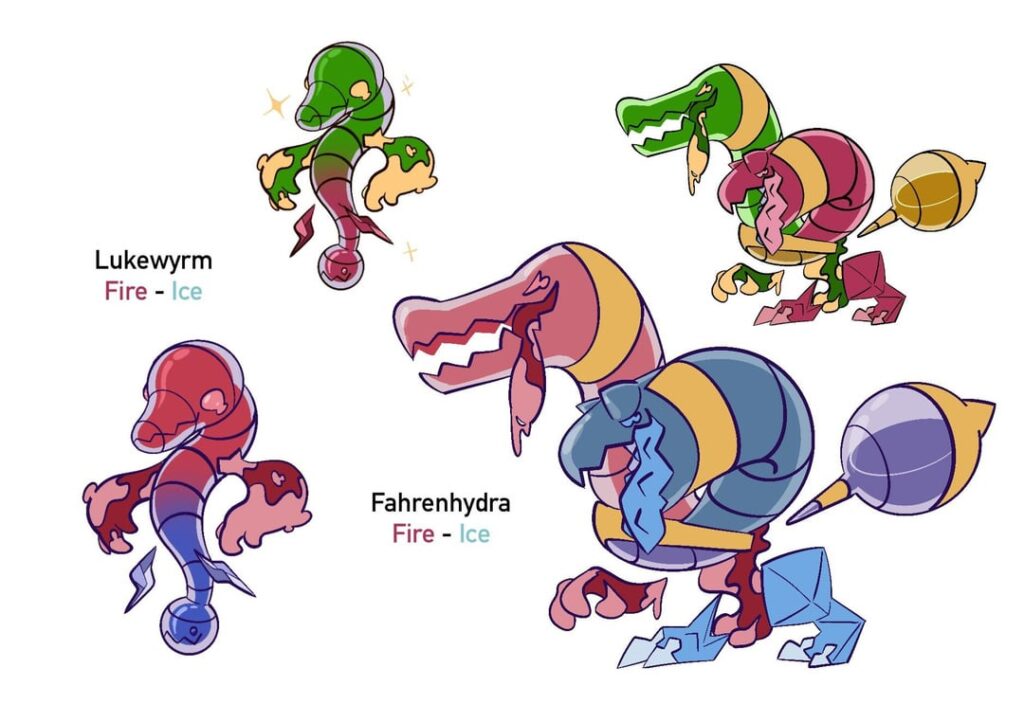 I redesigned my most popular fakemon! My Thermometer Dragons, Lukewyrm and Fahrenhydra