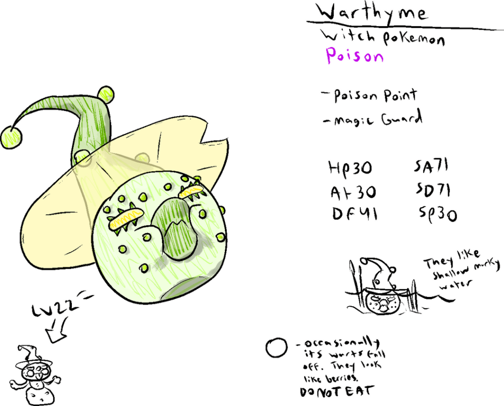Three stage pure poison and pure dark lines since they currently don't exist. A parasite that can possess other Pokemon, a baby and evolution for Druddigon, and two very tiny but mighty flea/ant Pokemon based off an old, scrapped concept from B/W's development.