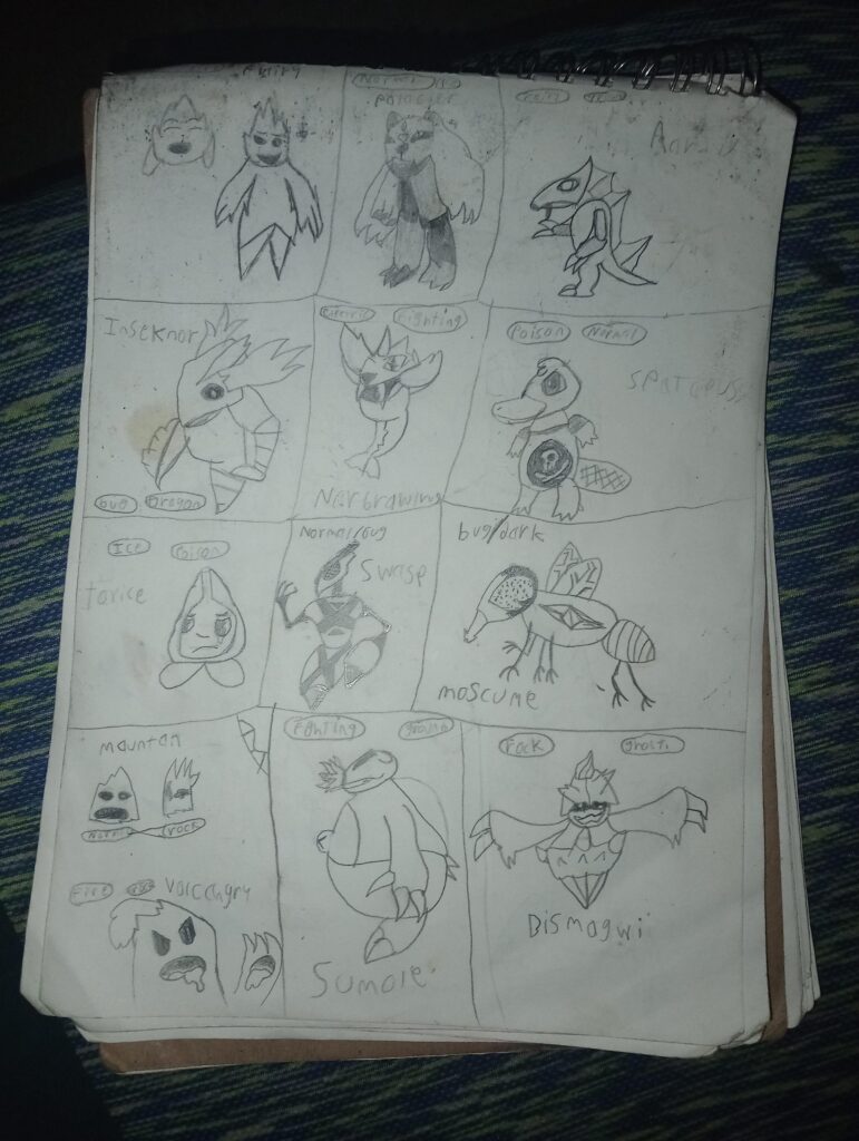 A bunch of fakémon designs from my old sketchbook