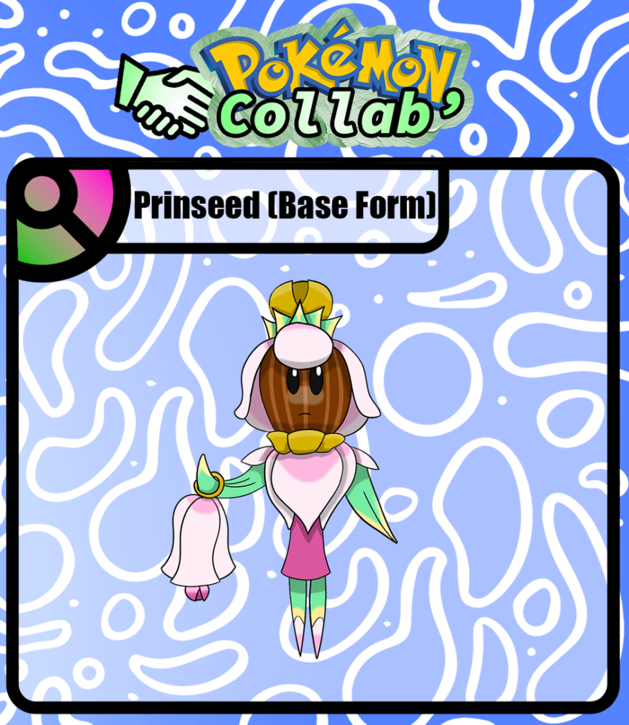 Prinseed, The Sprout Prince Pokemon. This Pokemon was made for a challenge during a daily collab with a friend (Her insta is @neko_ayuki, check it out to see the Pokemon it pairs with.)