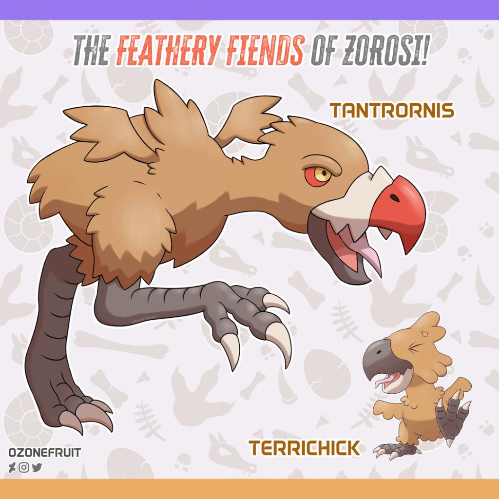 [OC] Meet the Route 1 Bird of my Fossil Region: The Terror Bird Fakemon, Terrichick and Tantrornis!