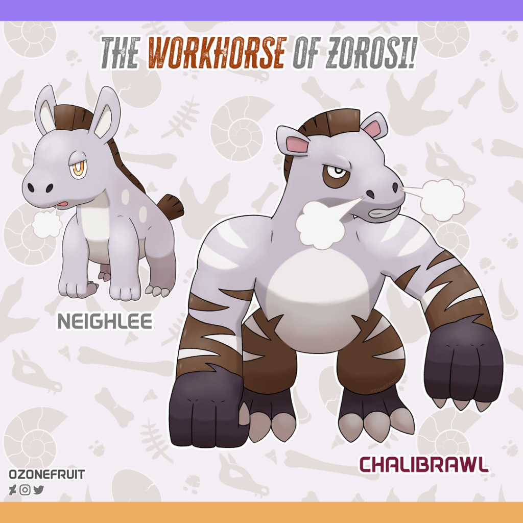[OC] Meet the Route 1 Mammals of my Fossil Region Project! The Chalicotherium Fakemon, Neighlee and Chalibrawl!