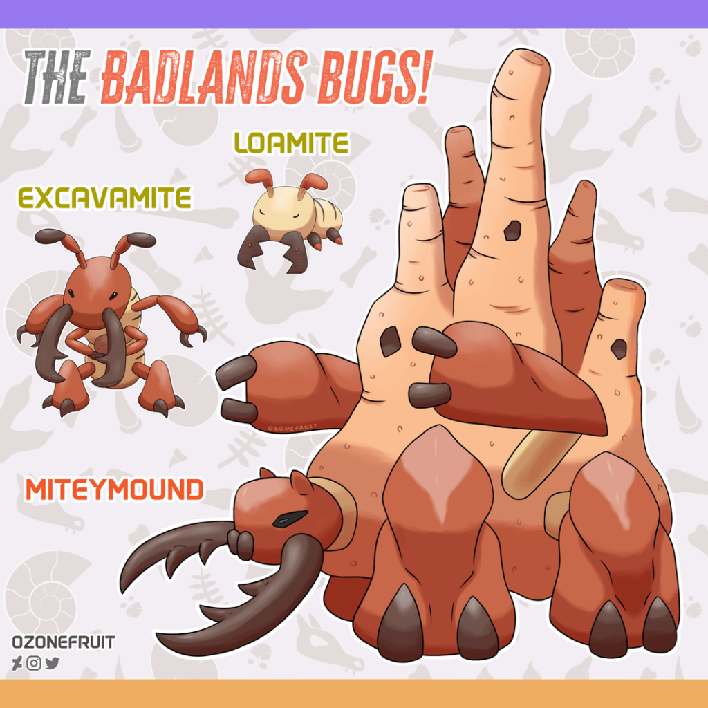 [OC] Introducing the Regional Bug Line of my Fossil Region! The Termite Fakemon, Loamite, Excavamite, and Miteymound!