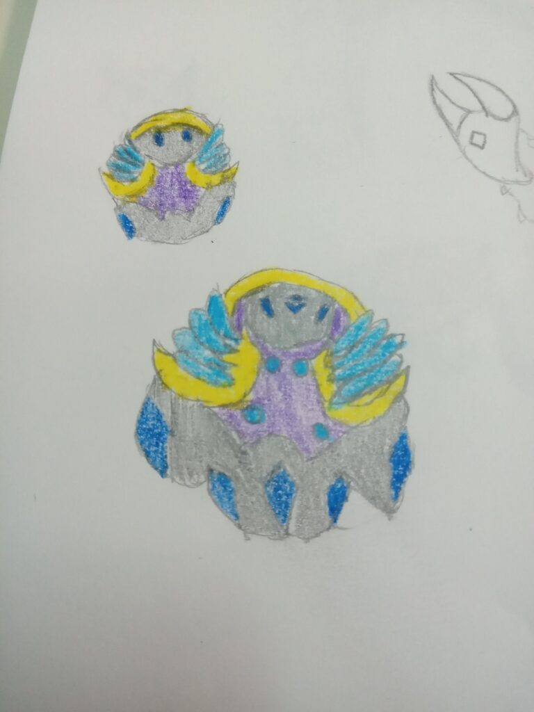 So was just doodling and I made the small guy, not realizing he ended up looking like a Pokemon almost so I made a evolution. Don't know what to name them but thinking there types should be ghost and steel