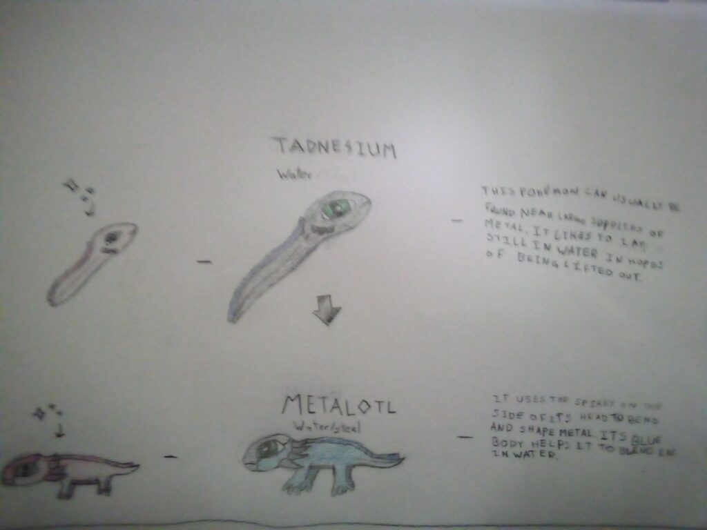 Two fakemon, based on axolotls! (see comments for text, it isn't the easiest to read I know)