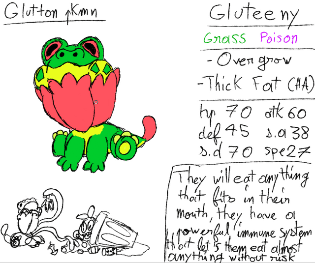 make some first stage starter pokemons and I'd like some feedback to improve, I am mostly uncertain with the water type one (if you can't read the dex entries because of my hand writing just tell me Ill put it in text)