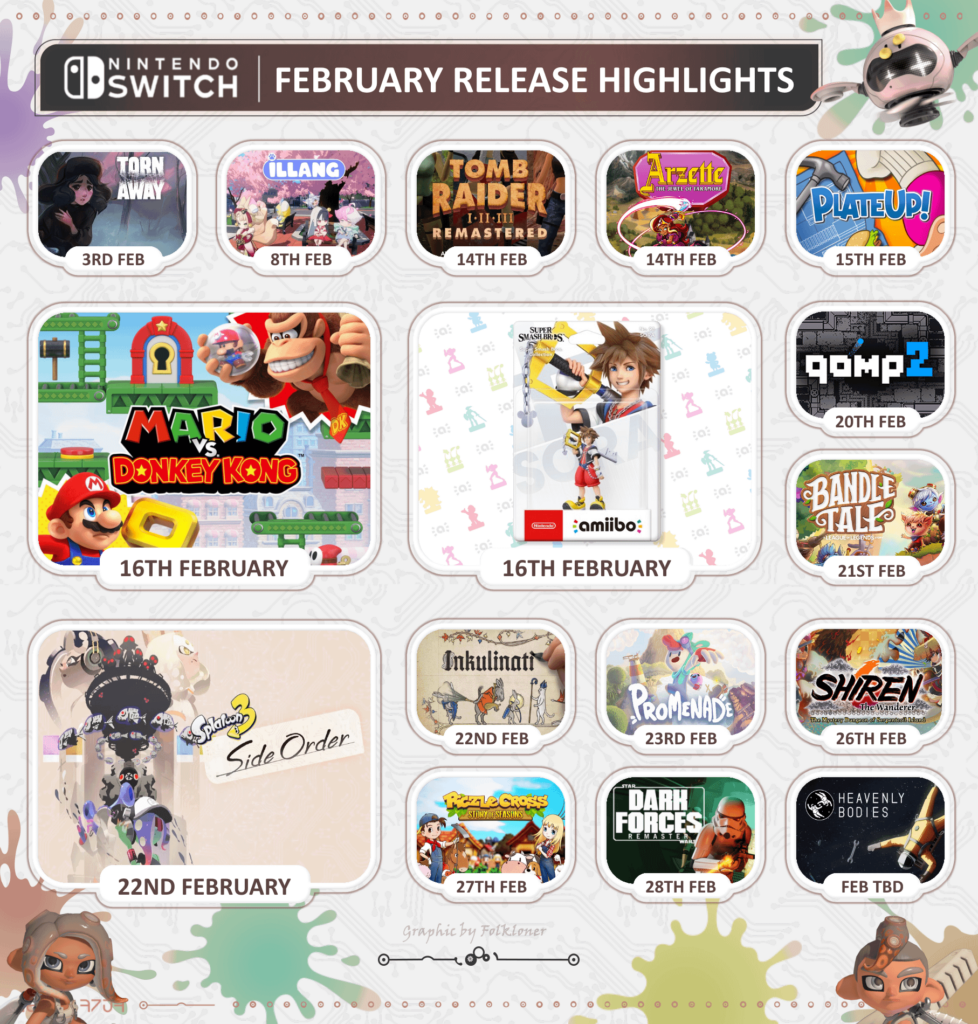 🗓️🎮 Here's what's coming to Nintendo Switch in February. Will you be ascending the Spire of Order, rescuing Mini-Marios, or raiding tombs this month?