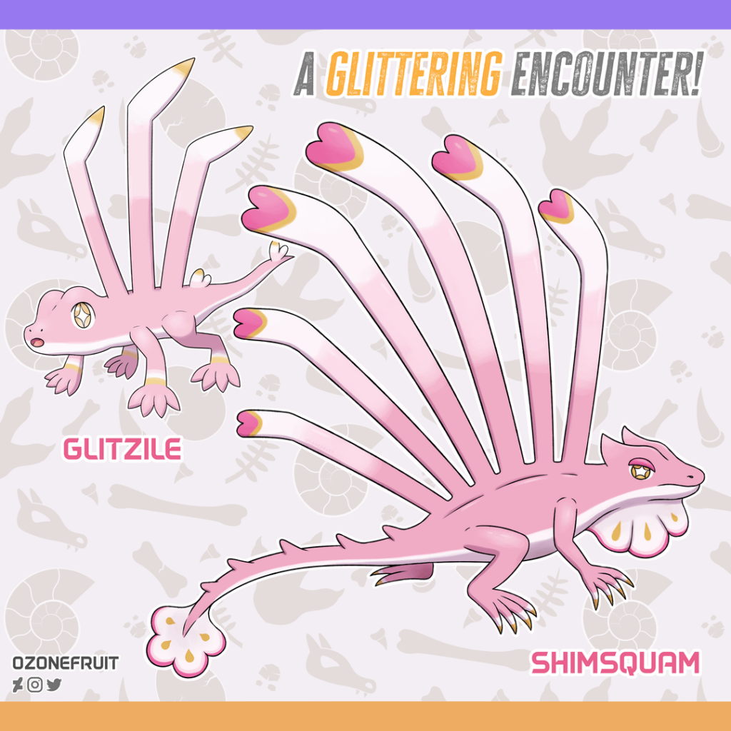 [OC] Meet one of the Route 1 encounters you might see in my Fossil Region! The Longisquama Fakemon, Glitzile and Shimsquam!