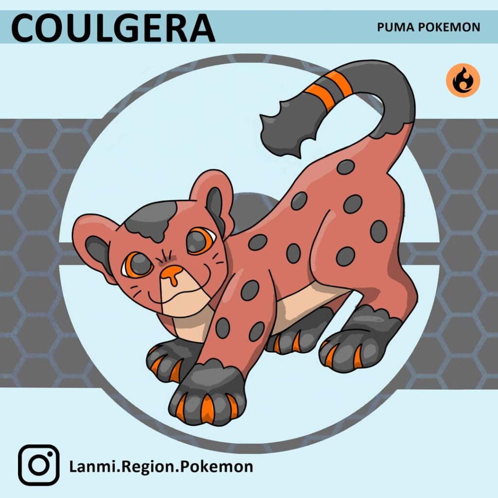 Here's Coulgera and its pyroclastic evolutions! The Lanmi Region's fire starters. Would you choose it? [OC]