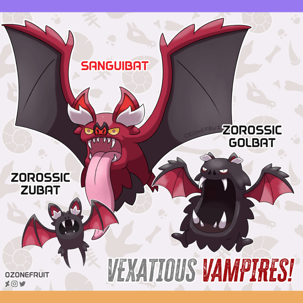 [OC] I designed a Dark/Flying Regional Variant line of Zubat! (Giant Vampire Bat Fakemon)