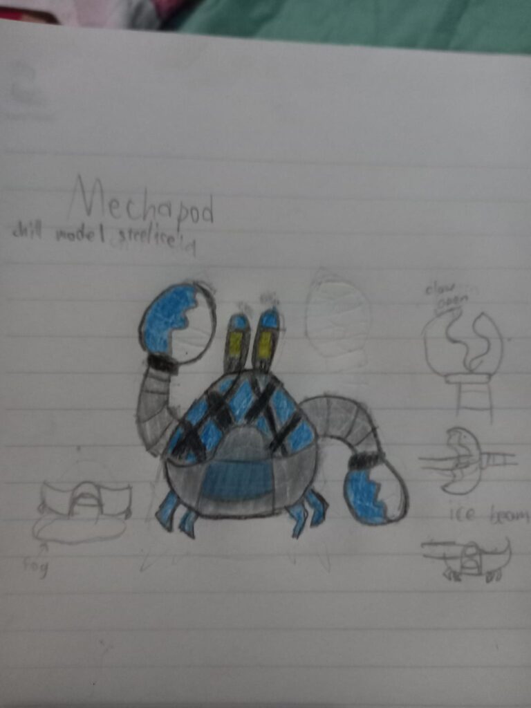 (Aussie artist's Crabot contest on instagram) If crabot have been caught with a net ball it will evolves into.... Mechapod-chill model Steel/ice type + early designs