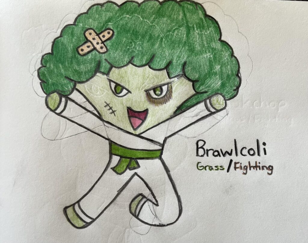 Introducing my new fighting/grass Pokemon, Brawlcoli, Bokchop, and Sparagus. Inspired by martial arts and vegetables! Pretty proud of how they turned out!