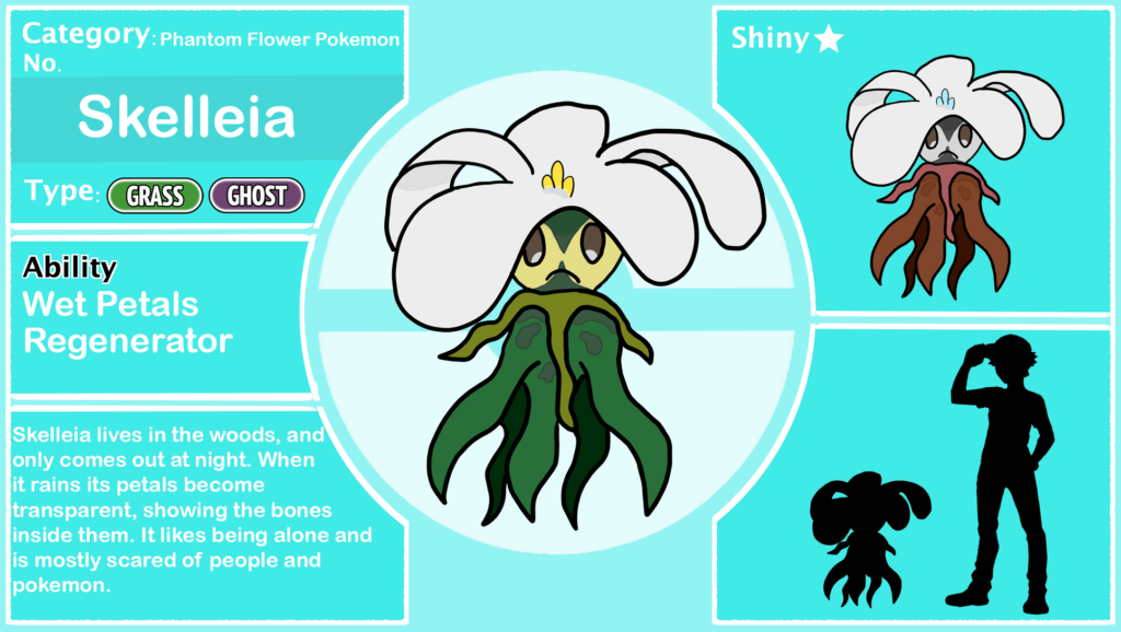 Meet Skelleia, the phantom flower pokemon (based on the skeleton flower), and also a new evolutin for Gossifleur. It has the ability 'wet petals' which I created. It gives Skelleia a special attaack and special defense boost when it rains