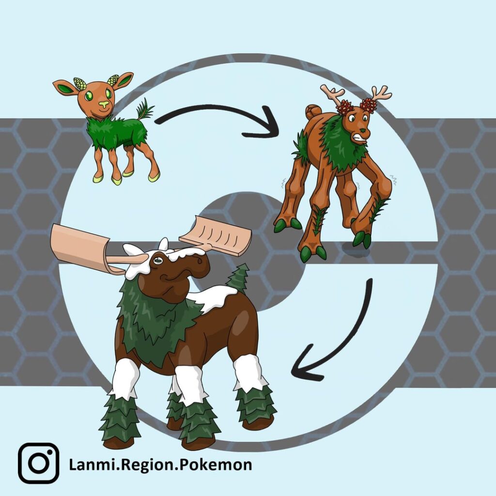 Fawnifir, Selkoia & Sproose! The Lanmi Region's grass starter line based on cervidae and coniferous evergreen trees. [OC]