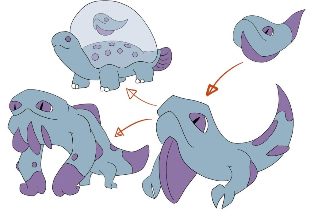 Split evolution line for a water poison fakemon! Plus original sketch and evolution method