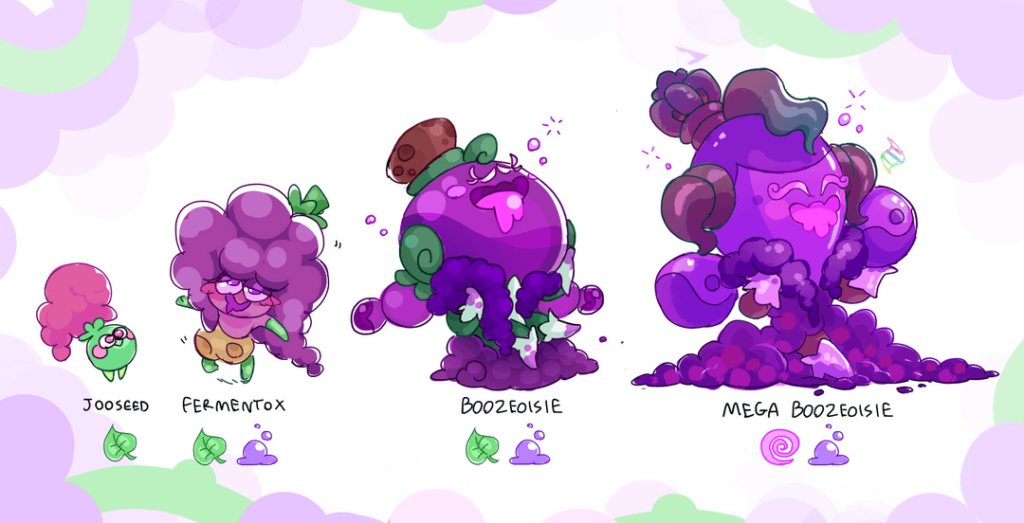 A fakemon based on fermentation and alcohol! Tipseed, Fermentox, and Boozeoisie!